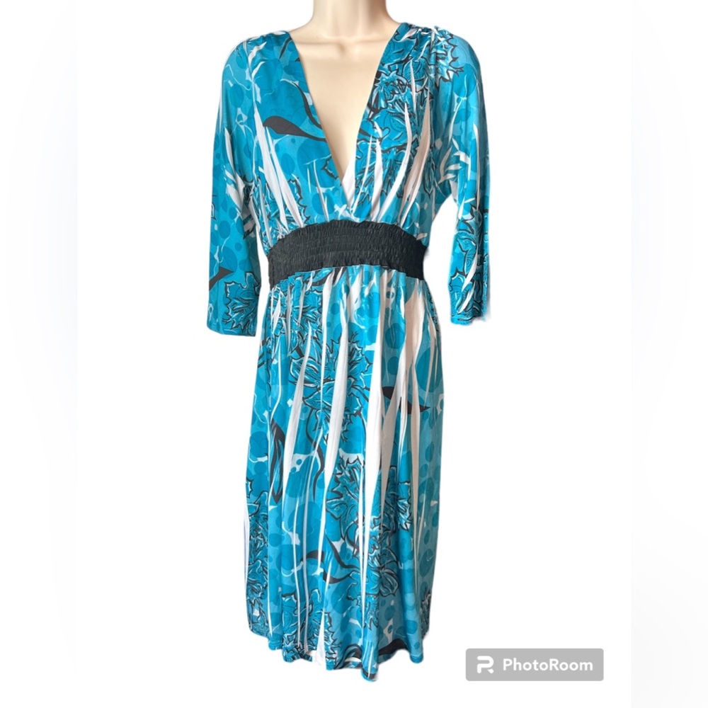 Sam & Max 3/4 Sleeve Teal, Black, & White V Neck Midi Dress